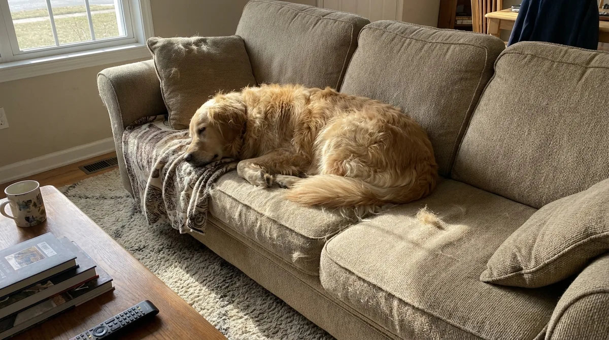 Golden Retriever auf Sofa mit Tierhaaren - typisches Haustier-Problem