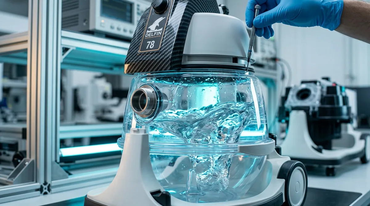 Nahaufnahme des DELPHIN T8 Wasserfilter-Kammer mit rotierendem Separator