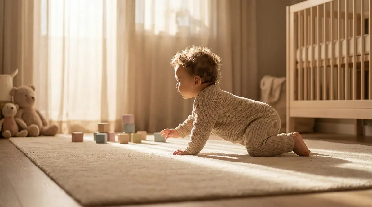 Baby krabbelt im sauberen Kinderzimmer